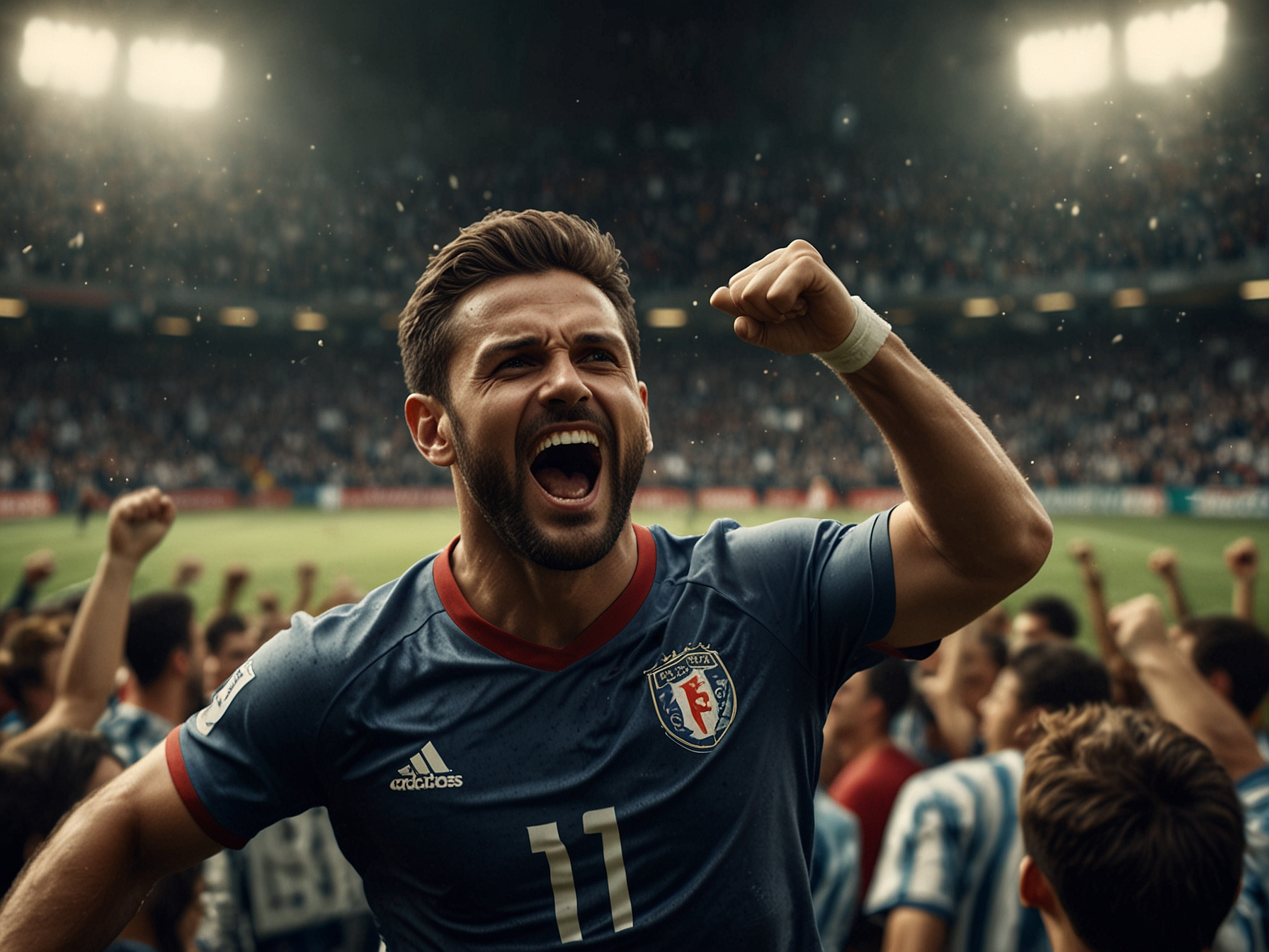 Sportowiec świętujący zwycięstwo w tle stadionu